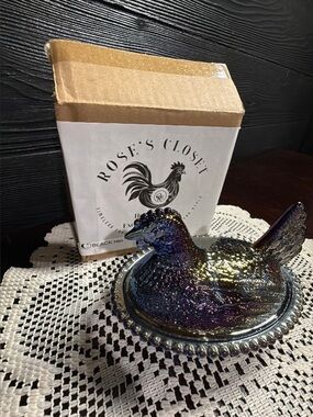 Rose's Closet Iridescent Carnival Glass Hen on Nest